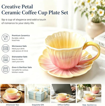 10 oz Tea Cups and Saucers, Flower-Shaped Ceramic Latte Art Cappuccino Cup and - Image 4