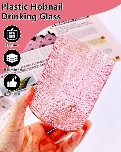 YOUBET 24PCS Plastic Drinking Glasses - 14OZ Pink Hobnail Drinkware Glasses - Vintage Glassware Textured Beaded Cups for Water, Beer, Whiskey, Juice and Various Mixed Drinks Valentines Day