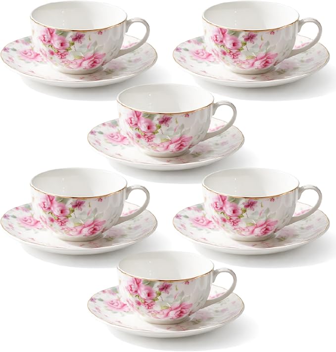 BTaT- Floral Tea Cups and Saucers, 7 oz, Fine Porcelain Teacup Set by BrewToATea