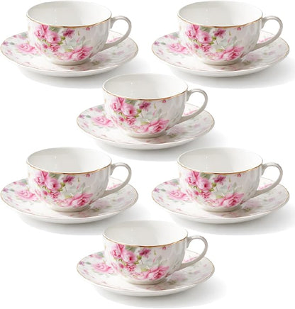 BTaT- Floral Tea Cups and Saucers, 7 oz, Fine Porcelain Teacup Set by BrewToATea