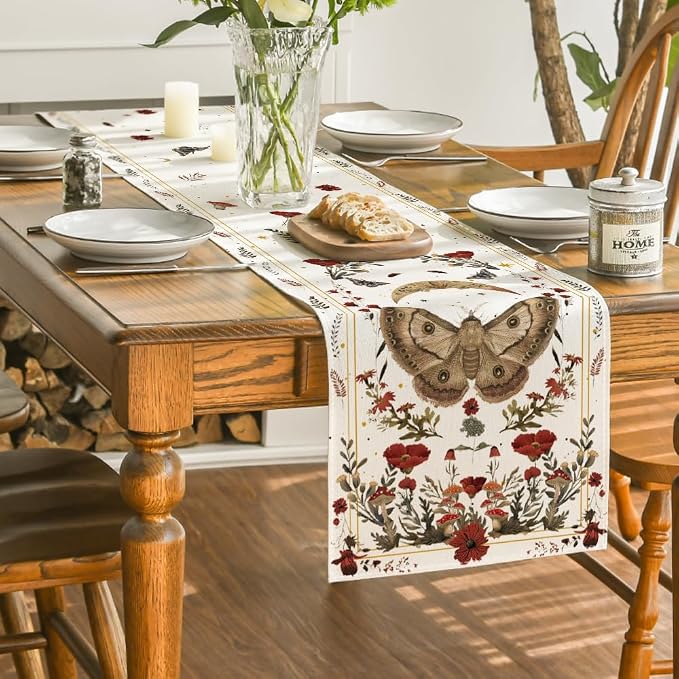 Artoid Mode Beige Poppy Moth Mushroom Moon Fall Table Runner, Seasonal Autumn - Image 4