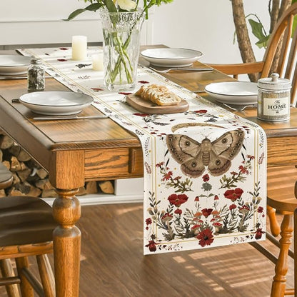 Artoid Mode Beige Poppy Moth Mushroom Moon Fall Table Runner, Seasonal Autumn - Image 4