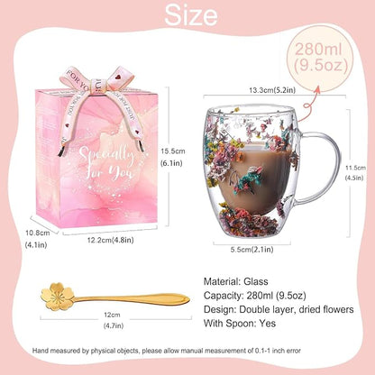 Gifts for Women Dried Flowers Double Wall Glass Coffee Mugs Cute Glass Tea Cups - Image 6