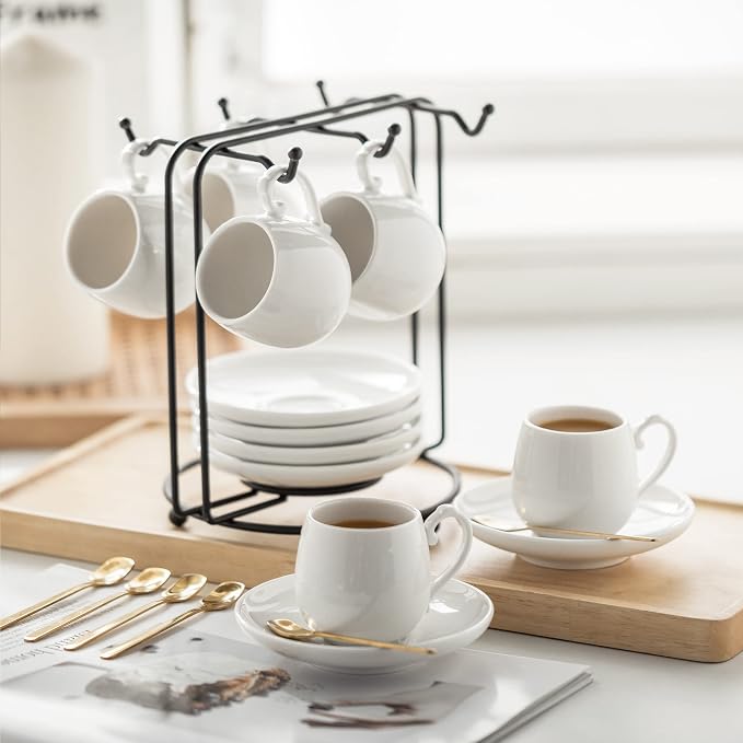 LYEOBOH Espresso Cups with Saucers Set, 3 Ounces Coffee Cups with Metal Stand - Image 4