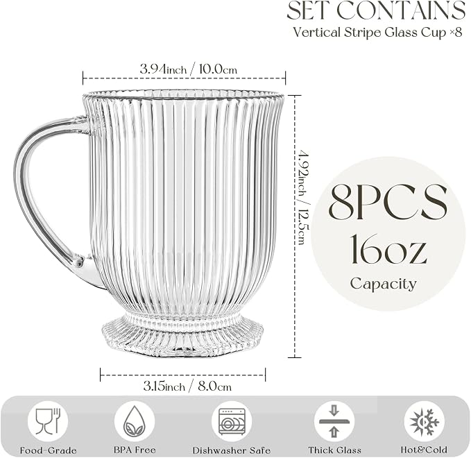 KEMORELA 16oz Ribbed Glass Coffee Mugs Set, Large Glass Mugs - Image 3