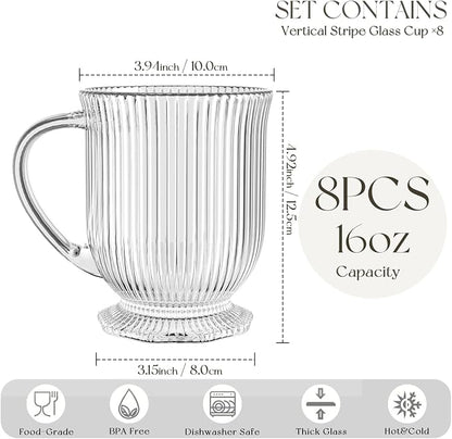 KEMORELA 16oz Ribbed Glass Coffee Mugs Set, Large Glass Mugs - Image 3