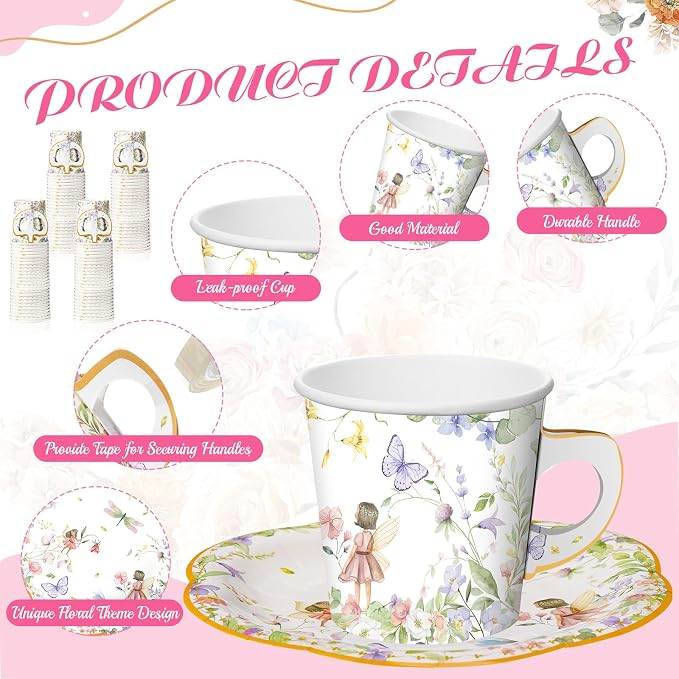 Umigy 60 Sets Tea Party Decorations 6.5 oz Fairy Floral Paper Tea Cups - Image 3