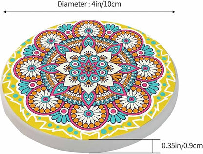 Flower Mandala Round Coaster for Home Coffee Table Chinese Oriental Mystic Yellow Background Asin Ornament Farmhouse Drink Coasters 100% Diatomite 4''X 4''X 0.35'' Printed Pattern