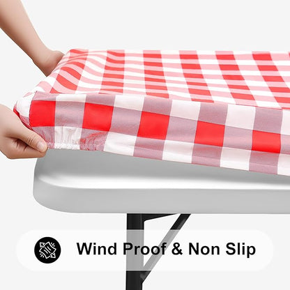 Smiry Square Picnic Table Cloth, Elastic Waterproof Fitted Vinyl Tablecloths, Flannel Backed Buffalo Plaid Table Covers for Dining, Camping, Outdoor (White and Red, 34" x 34")