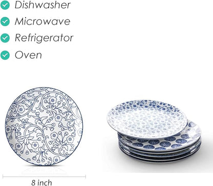 Selamica 8 inch Porcelain Dinner Plates, Large Size Serving Plate for Salad, Pancakes, Steak, Set of 6, Vintage Blue