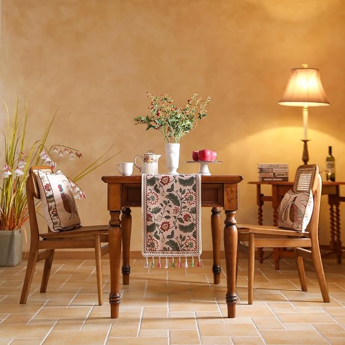 Designer Vintage Linen Table Runner, Floral Leave Pattern, Dining Table - Image 3