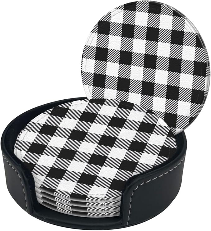 6 Pcs Black and White Buffalo Check Plaids Leather Coasters - Image 3