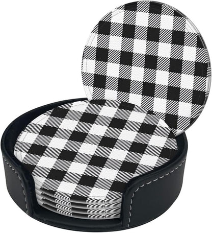 6 Pcs Black and White Buffalo Check Plaids Leather Coasters - Image 3