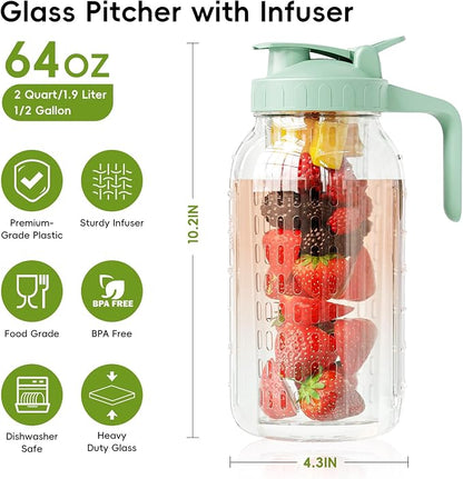 Glass Mason Jar Pitcher, 64 oz Wide Mouth Jug | Dual leak-proof lid - Image 2