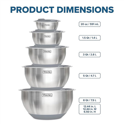 Viking Mixing Bowls Set, 10 Piece Stainless Steel Kitchen Cookware, Non-Slip Silicone Base, Includes Tight Fit Lids, Dishwasher Safe, Grey