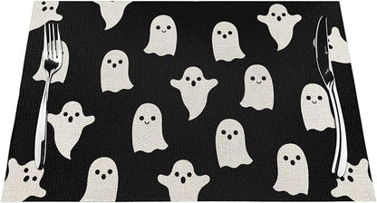Halloween Placemats 12x18 Inches Set of 4,Black Beige Ghost Decorative Rectangle Autumn Halloween Decoration Black Ghost Table Mats for Party,Home Kitchen,Dining Table Decor