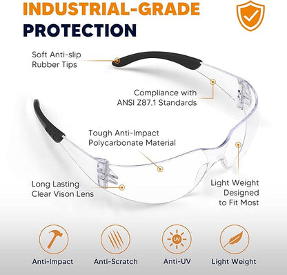 Clear Safety Glasses 24PK, Protective Eyewear Polycarbonate Lens with Rubber Temples ANSI Z87.1 Anti-Scratch Impact Resistant Eye Protection for Work, Lab, Construction Clear Lens/Black Frame