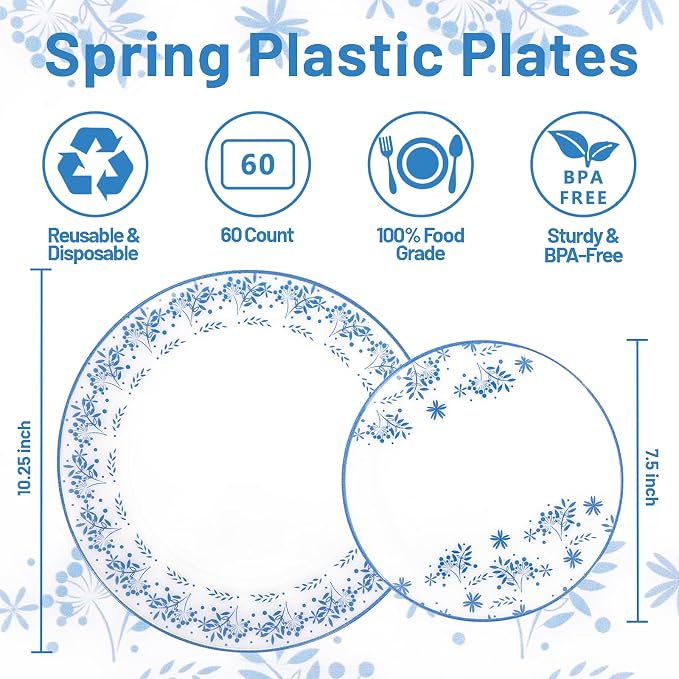 60 PCS Blue Floral Plastic Plates - Image 2