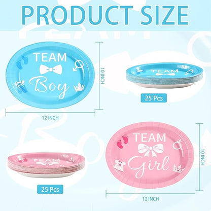Grencian 50Pcs Gender Reveal Party Supplies 10" x 12" Large Heavy Duty Gender Reveal Oval Paper Plates Disposable Blue or Pink Boy or Girl Dessert Plates for Birthday Baby Shower Party Decor