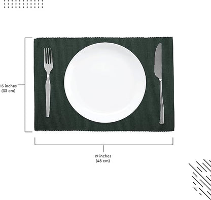 Encasa XO Dining Placemat Set of 6 | Dark Green Color | Fine Ribbed Cotton Table mat | Size 19x13 in | Machine Washable