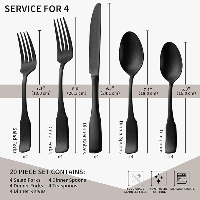 Alata Kate Black Tumbled 20-Piece Silverware Set,Service for 4,Stainless Steel Flatware Set,Tumbled Cutlery Set,Dishwasher Safe