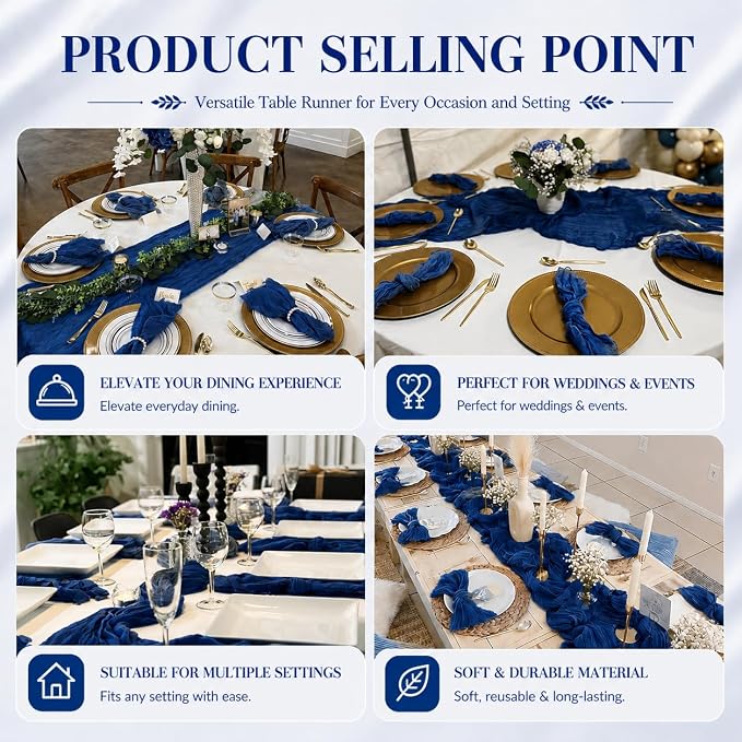 2 Pack Royal Blue Cheesecloth Table Runner 17x108 Inch Boho Rustic Semi Sheer - Image 7