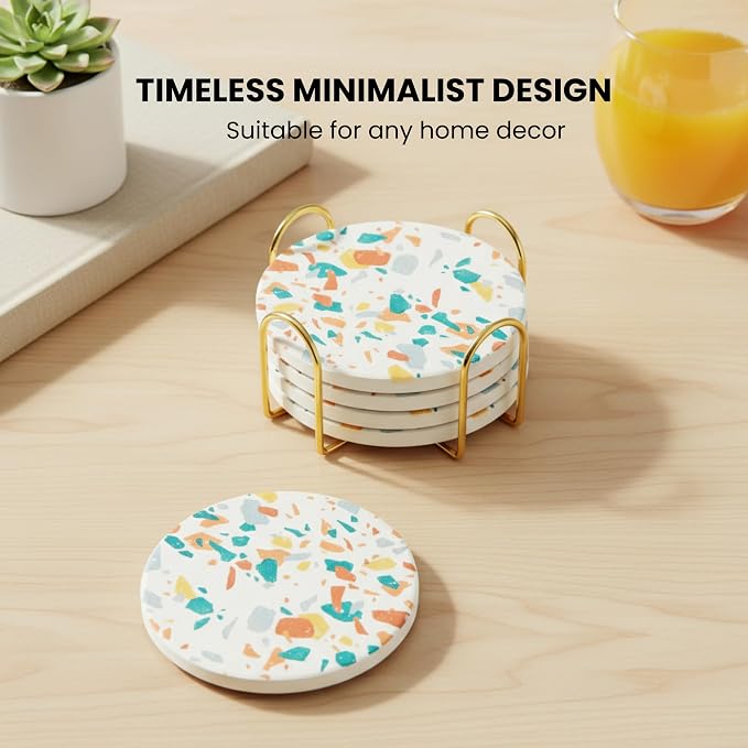 Terrazzo Coasters Set of 6, Colorful Boho Absorbent Ceramic Coasters | Speckled - Image 7