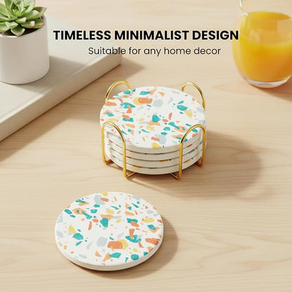 Terrazzo Coasters Set of 6, Colorful Boho Absorbent Ceramic Coasters | Speckled - Image 7