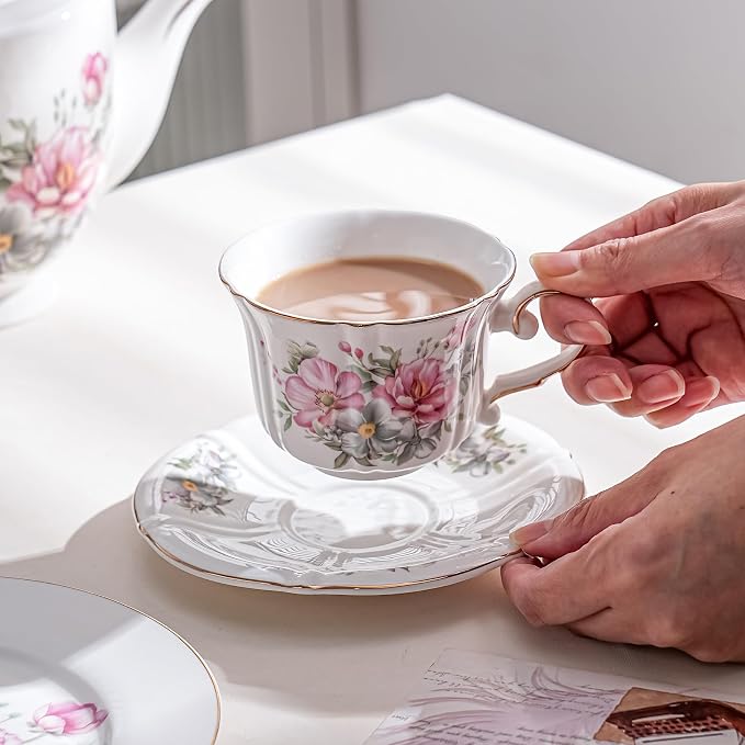 Ceramic Floral Cups with Saucers，7 oz Espresso Cups - Image 3