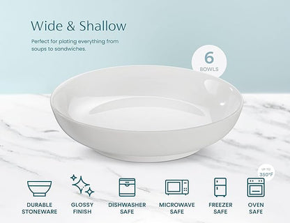 KooK Pasta Bowl, Set of 6, Salad Bowl, Large, Ceramic, Microwave and Dishwasher Safe, for Soups, Shallow Serving Bowls, 32 oz, (White)
