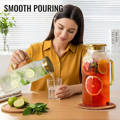 4 Pack 2 Liter/68 oz Square Glass Pitcher with Lid, Classic Stripes Water Pitchers with Handle for Fridge, Large Jug for Iced Tea, Coffee, Borosilicate Glass Carafe for Hot/Cold Brew Drink, Gold