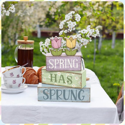Moucuny 4 Pcs Spring Table Decorations Wooden Stacked Block Sign - Image 6