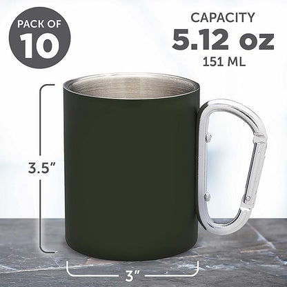 DISCOUNT PROMOS Stainless Steel Mugs with Carabiner Handle 10 oz. Set of 10, Bulk Pack - Perfect for Coffee, Soda, Other Hot & Cold Beverages - Army Green