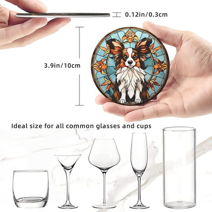 Drink Coaster Set of 6, Papillon Dog Mom Lover Gift,Leather Drink Coasters with Holder,6 Pack Cup/Bar/Drink Coasters for Table/Drinks/Coffee Protection Housewarming Gift