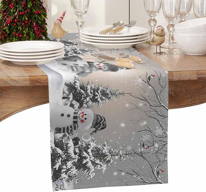 Christmas Snowman Table Runners 120 Inches Long, Cotton Linen Fabric Snowflake - Image 4