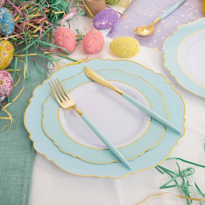 WDF 30Guest Mint Green Plastic Plates & Disposable Gold Silverware With Green Handle-Baroque Green &Gold Plastic Dinnerware for Upscale Party/Picnic/Birthday