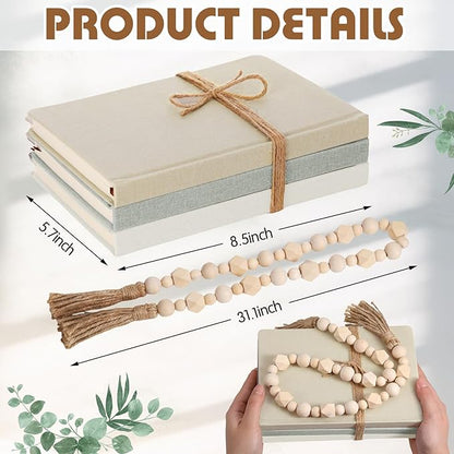 3 Pieces Faux Decorative Books Set for Home Decor Fake Book for Shelves Coffee Table Stacked Linen Covered Display Notebook with Wood Bead Bookend Gift for Living Room(Fresh Color)