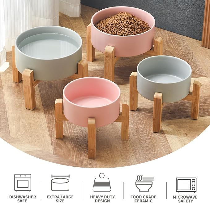 8'' Ceramic Raised Dog Bowl - 70Oz Dog Food & Water Bowl with Elevated Non-Slip Bamboo Stand, Dishwasher & Microwave Safe, Anti Vomiting Heavy Duty Pet Bowl for Medium and Large Dogs, Pink