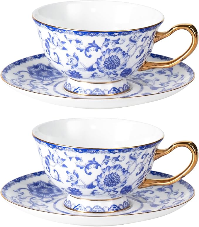 KAMMAK Tea Cups and Saucers Set of 2, Porcelain Coffee Cups, JBE023 | Stackable by KAMMAK