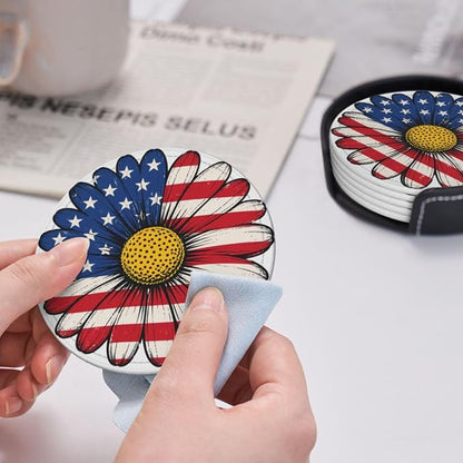 Patriotic American Flag Daisy Floral Leather Coasters Set of 6 - Image 6