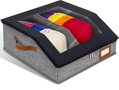 2-in-1 Hat Organizer for Baseball Caps Holds 24-30 Hats Holder for Closet with Clear lid Stackable Hat Storage with Adjustable Space Cowboy Hat Box for Men Women 1 PCS Black and Grey