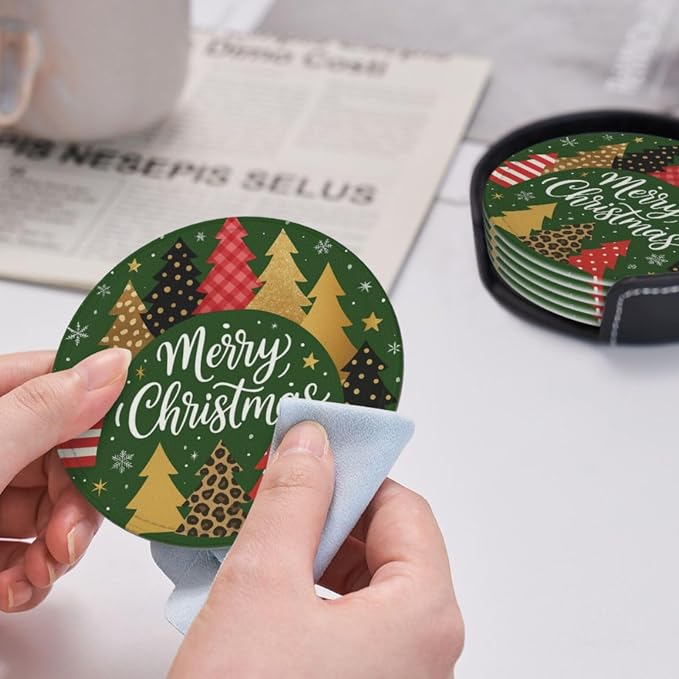 Vintage Green Christmas Tree Plaid Print Coasters - Image 5