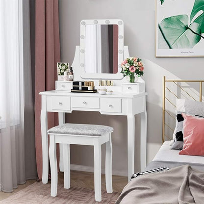 DORTALA Vanity Table Set w/ 360-Degree Rectangular Mirror & Cushioned Stool, Makeup Table w/ 10 LED Dimmable Bulbs, Bedroom Wood Dressing Table w/ 5 Drawers & Removable Box Organizer, White
