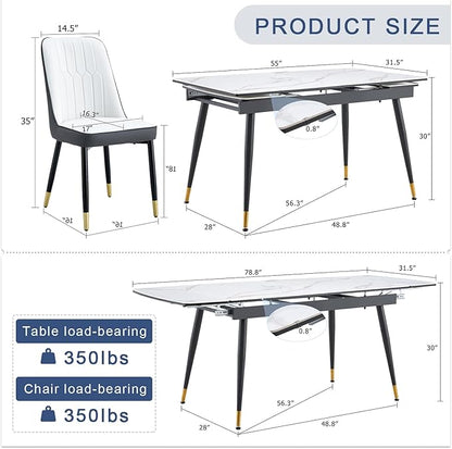 Extendable Dining Table Set for 8, 55'' to 78.8'' Rectangular Thickened Sintered Stone Kitchen Table with 8 Upholstered Chairs, Modern Space Saving 9-Piece Dinner Table Set