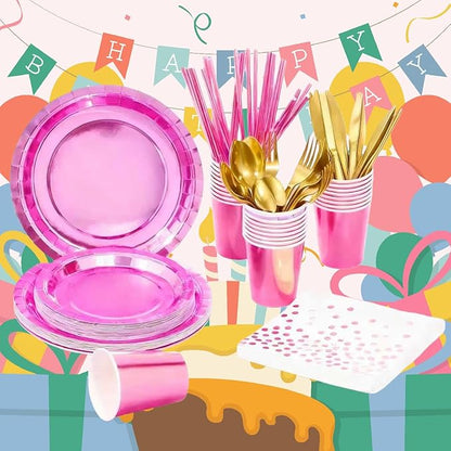 Iridescent Pink Party Supplies, Holographic Paper Plates and Napkins Set, Rainbow Disposable Paper Plates Cups Knives Spoons Fork Straw for Birthday Wedding Party Serve 25 (Pink)