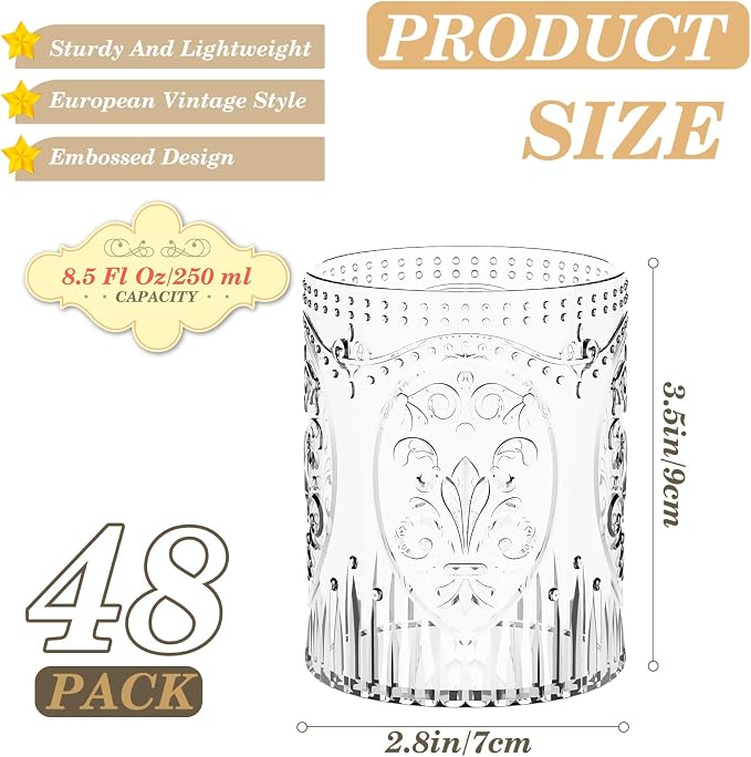 Qinyoung 48 Plastic Vintage Drinking Glasses 8.5oz Stemless Retro Embossed Wine - Image 3