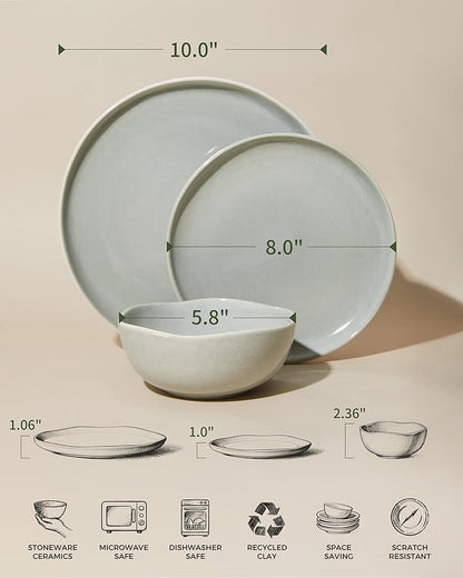 Large Holiday Dinnerware Sets for 8, Ceramic Plates and Bowls Set, Kitchen Dish Set, Microwave & Dishwasher Safe Dishware, Perfect for Christmas & Thanksgiving, Gray Green