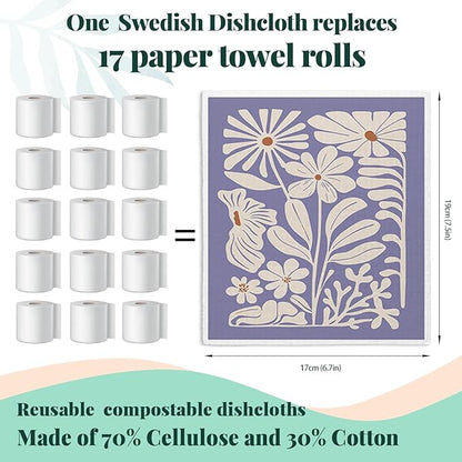 Spring Flower Swedish Dishcloths for Kitchen, Boho Purple Swedish Dish Cleaning Cloths for Floral, 4 Pack Dish Towels for Kitchen, Papaya Reusable Paper Towels Washable
