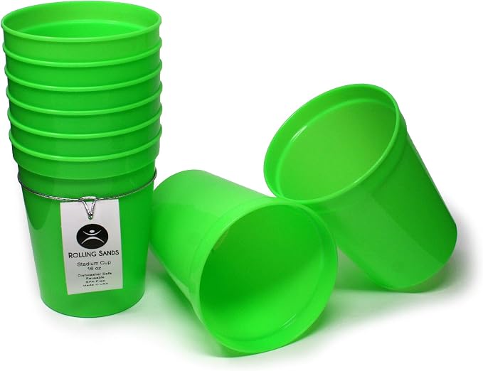 Rolling Sands 16 oz. Reusable Plastic Stadium Cups, 8 Pack, Made in USA by RollingSands