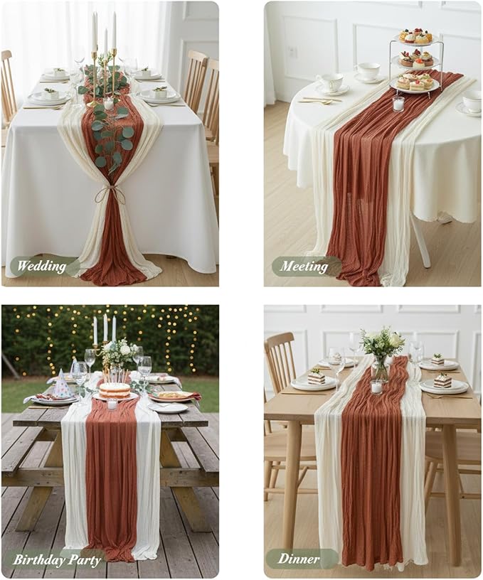 Cheesecloth Table Runner 2 Pack White and Terracotta, Boho Gauze Table Runner - Image 4